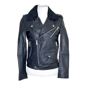 Deadwood Black Recycled Leather Biker Jacket with Faux Shearling Collar Size 34